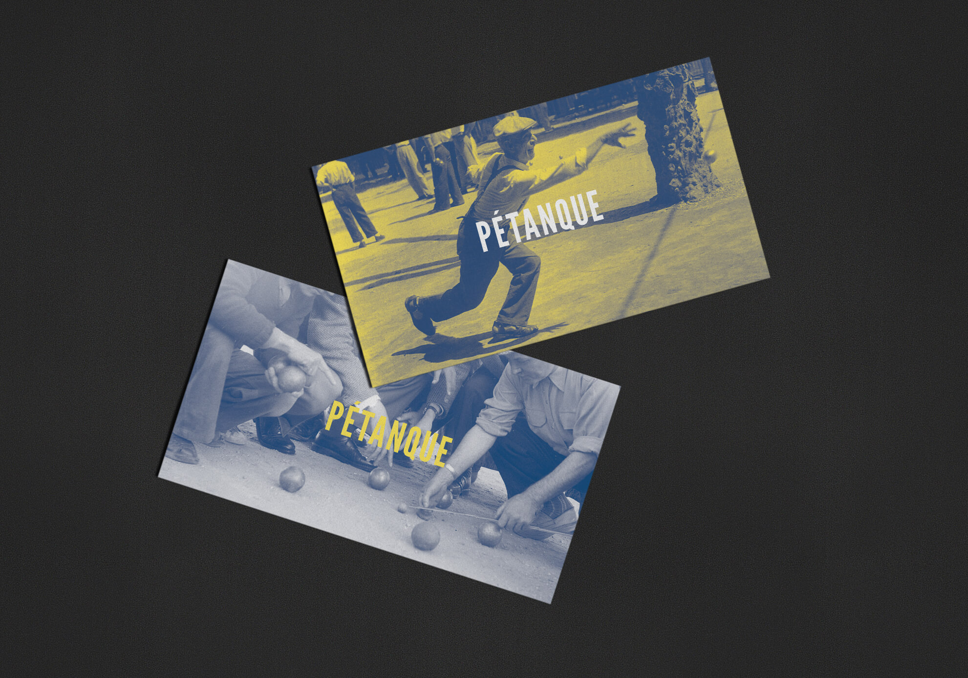 Cartes postales avec des images d'archive de pétanque en jaune et bleu.