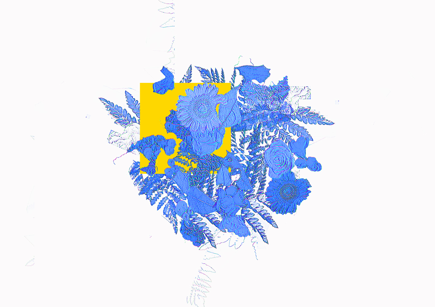 Illustration de fleurs bleues en relief avec un carré jaune en fond.